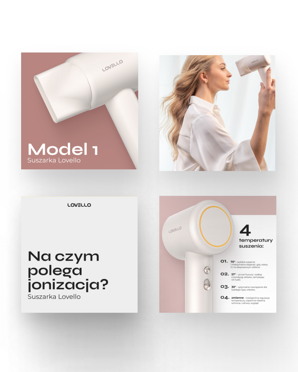 Realizacja social media dla Lovello - premium marki urządzeń do stylizacji włosów. Profesjonalne, lifestyle'owe zdjęcia produktowe suszarek, lokówek i prostownic w użyciu. Elegancka, minimalistyczna estetyka podkreślająca technologiczne zaawansowanie i designerski charakter produktów. Portfolio MOKO Creative Studio dla branży beauty pokazujące umiejętność łączenia prezentacji produktu z aspiracyjnym przekazem lifestyle'owym skierowanym do świadomych klientek.